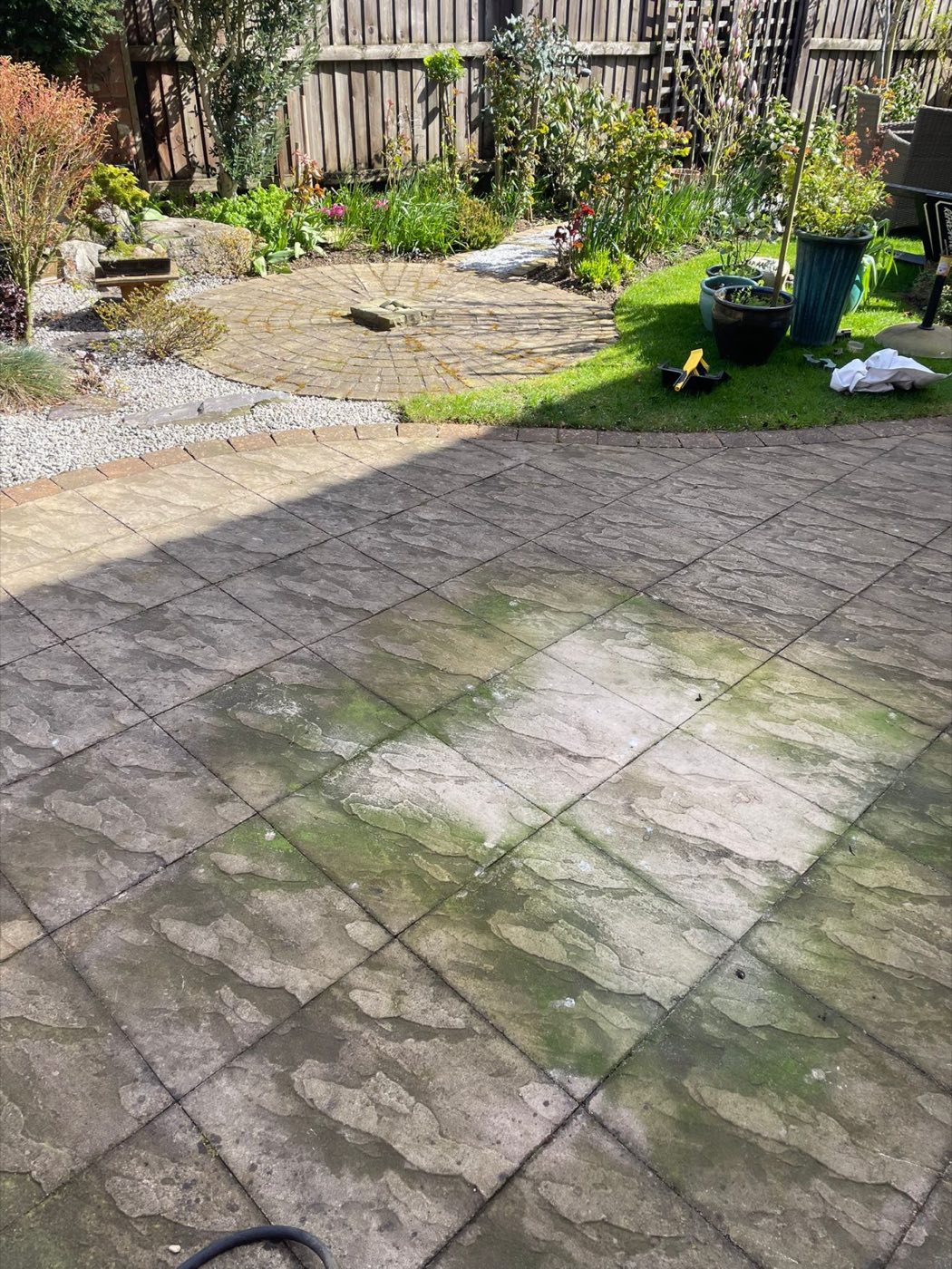 Restored curved natural-stone patio
